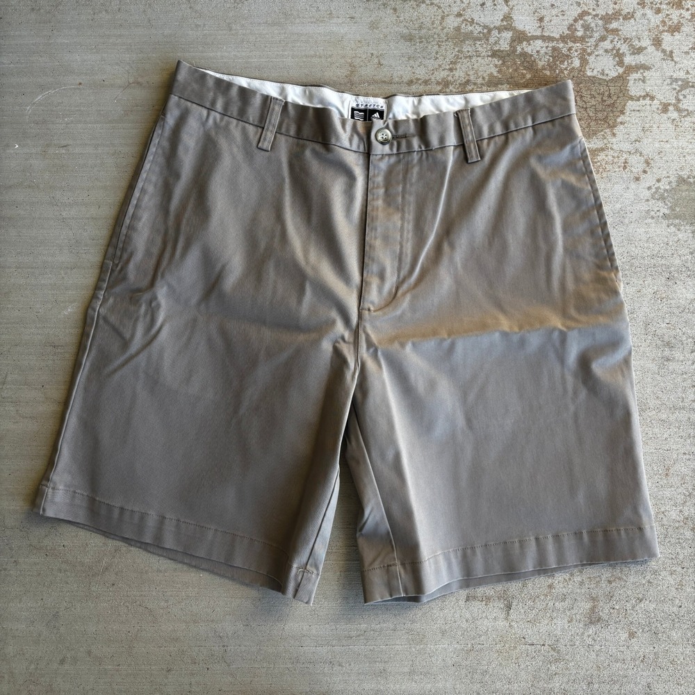 Adidas Golf Mens Khaki Stretch Chino Shorts Brown Size 36 Flat Front Cotton
